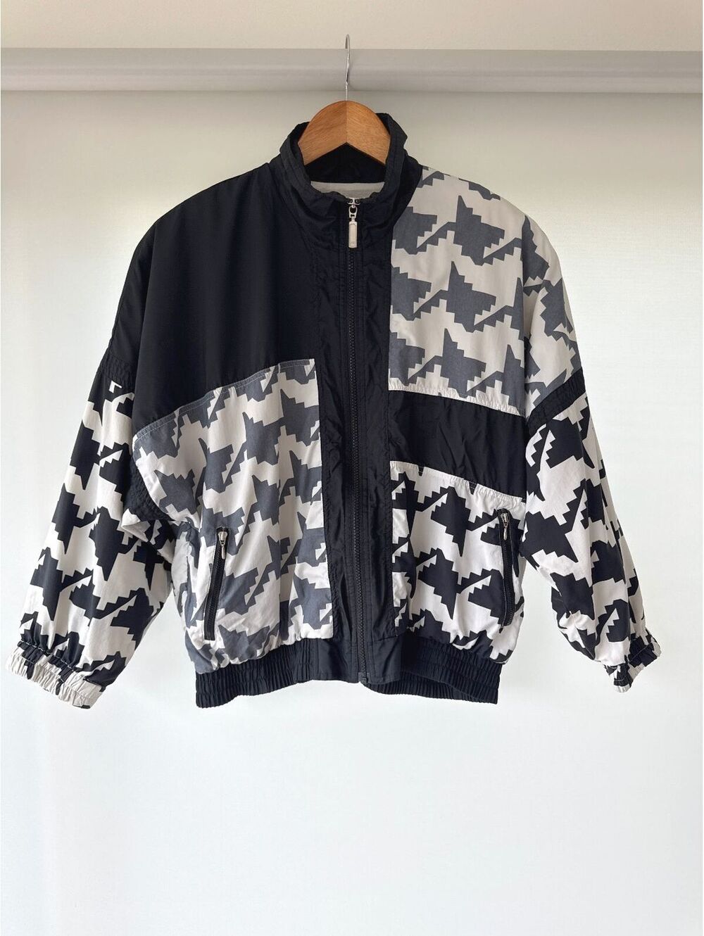 Vintage 90s Jazz/21 Houndstooth Windbreaker S Black White Gray Colorblock Jacket